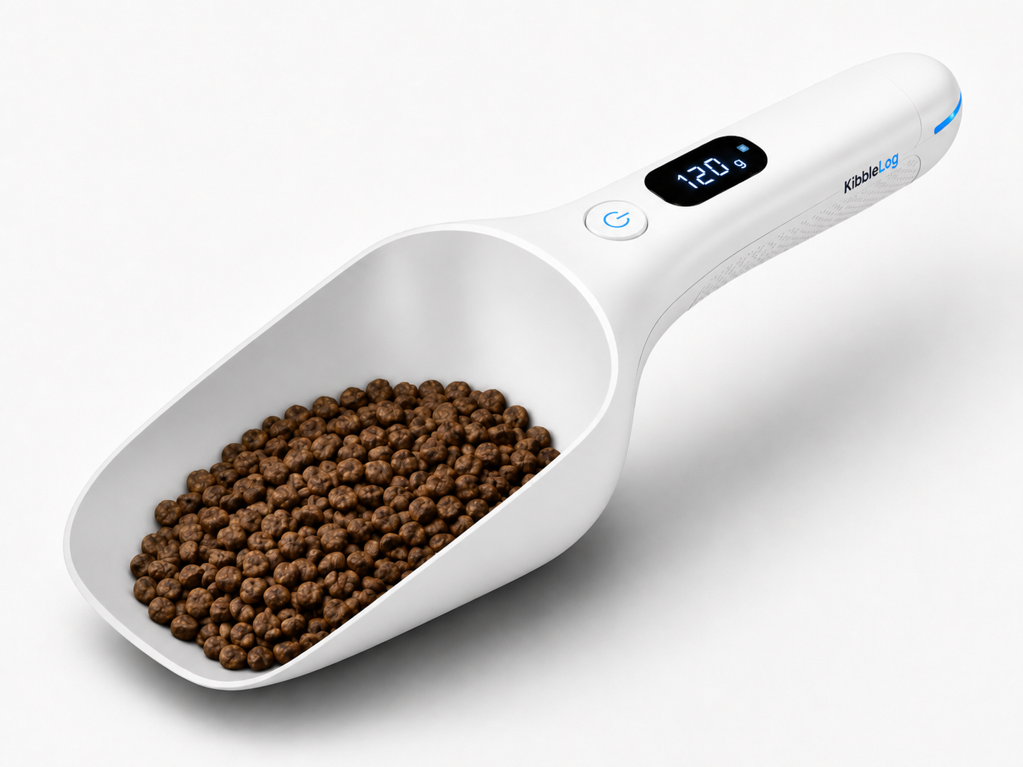 KibbleLog smart pet food tracker in white with digital display showing 120g